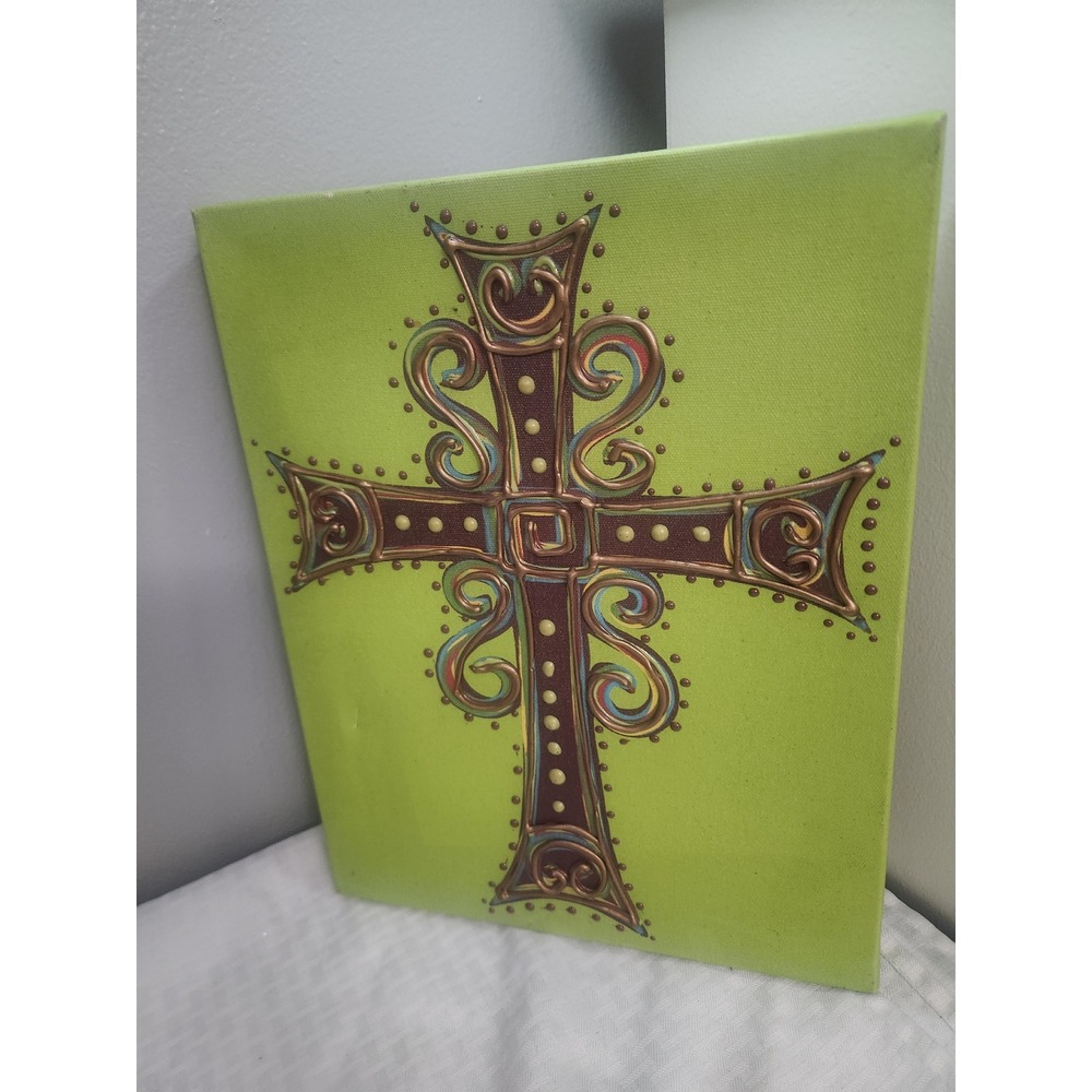 Celtic Cross Textured Hand Painted Canvas Wall Art Lime Green Bronze 10x8